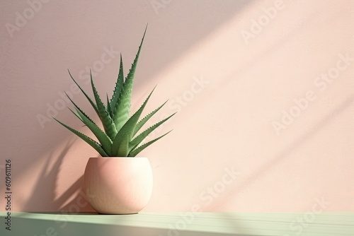 0248. Aloe vera in front of light pastel wall. Generative AI