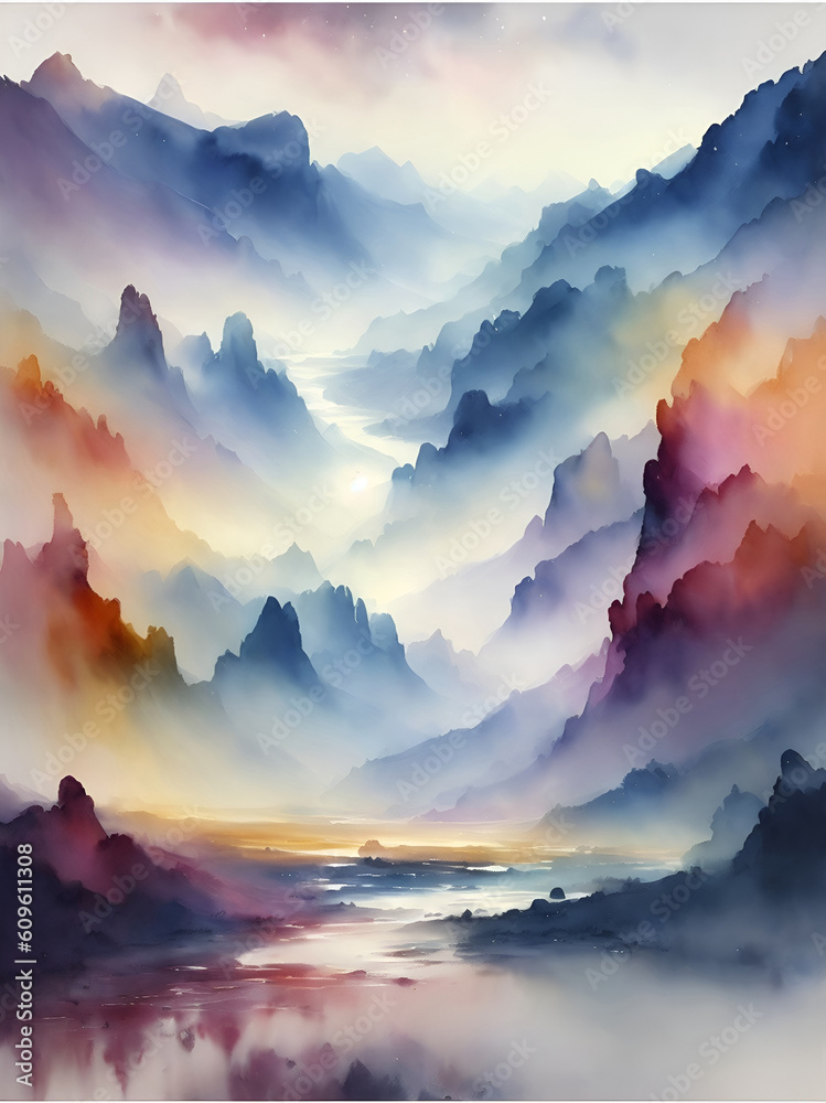 River in the mountains landscape. AI generated illustration