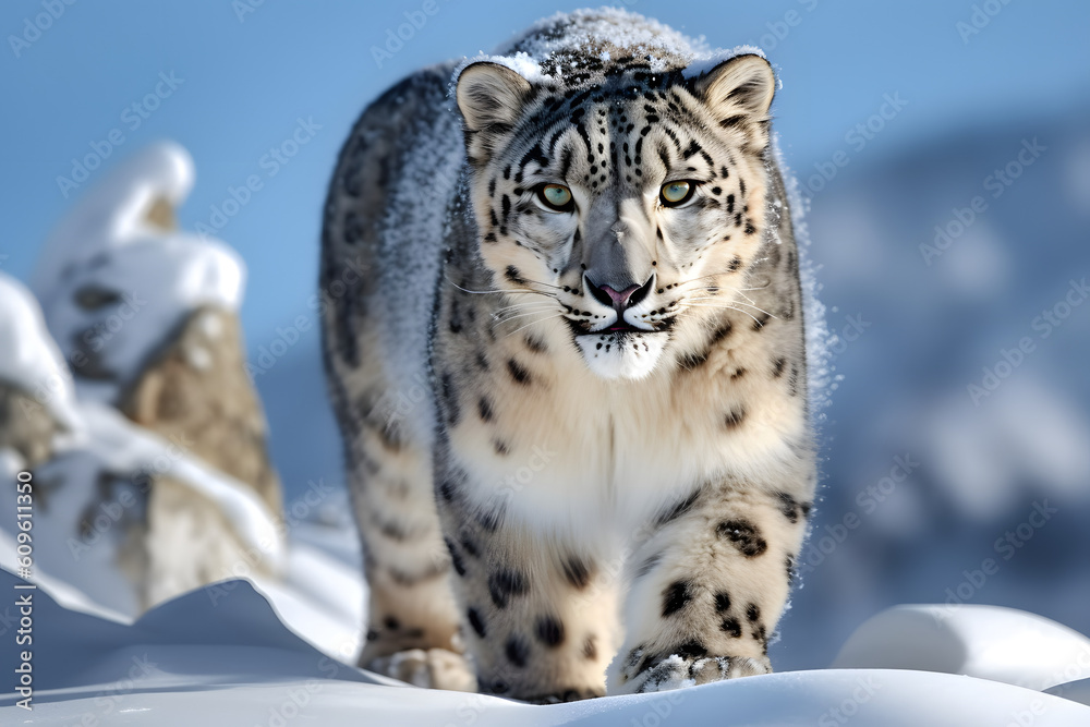 snow leopard in snow, white fluffy fur, snowy mountainous environment, portrait, Generative AI snow leopard in snow, white fluffy fur, snowy mountainous environment, portrait, Generative AI