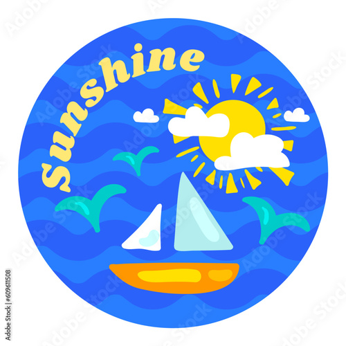 Cartoon Ocean Waves Sunshine Round Sticker