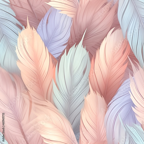 Luxury, delicate and tender seamless pattern background with elegant pink feathers. AI illustration. Boho style texture. For textile, fashion, fabric, wrapping paper, card.