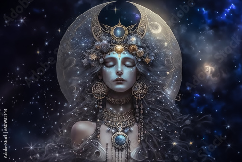 Goddess of Moon on the universe background. Generative AI, non-existent person