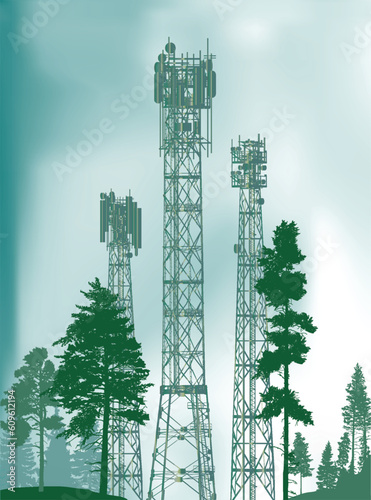 antenna tower three silhouettes in forest on cyan