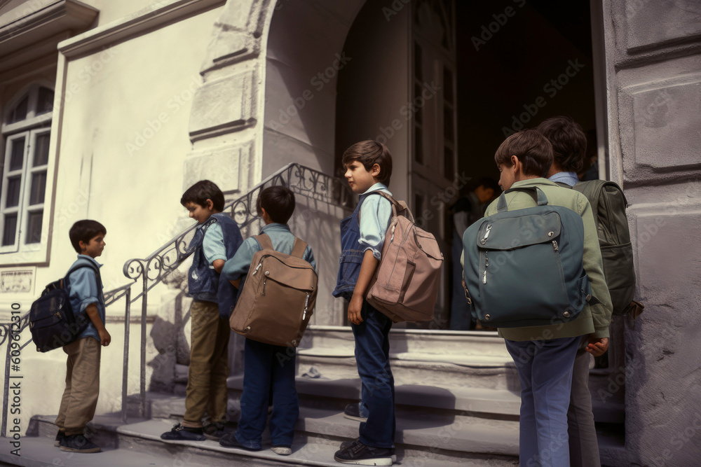 Fototapeta premium Generative AI illustration of Group of 10 - year - old students at the entrance of a school on the first day of class