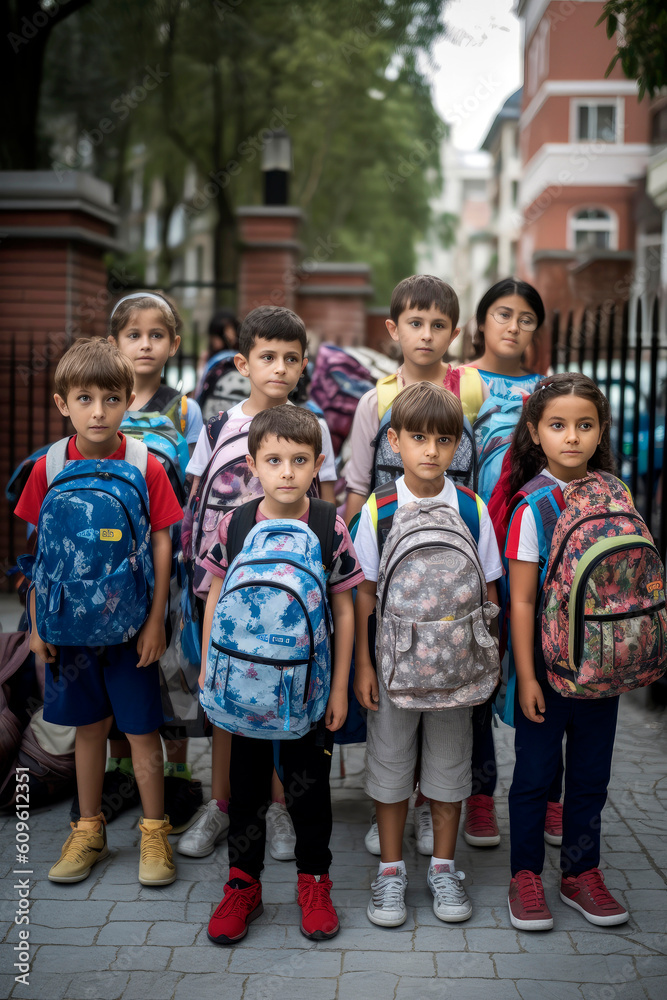 Generative AI illustration of Group of 10 - year - old students at the entrance of a school on the first day of class Generative AI illustration of Group of 10 - year - old students at the entrance of a school on the first day of class