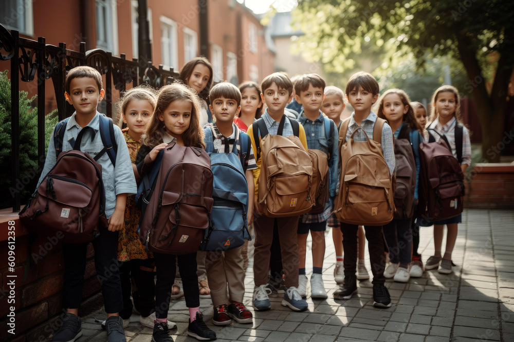 Obraz premium Generative AI illustration of Group of 10 - year - old students at the entrance of a school on the first day of class