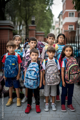 Generative AI illustration of Group of 10 - year - old students at the entrance of a school on the first day of class