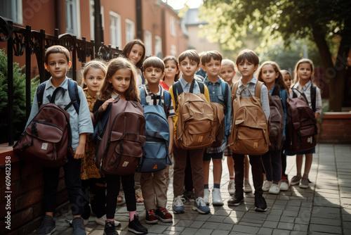 Generative AI illustration of Group of 10 - year - old students at the entrance of a school on the first day of class