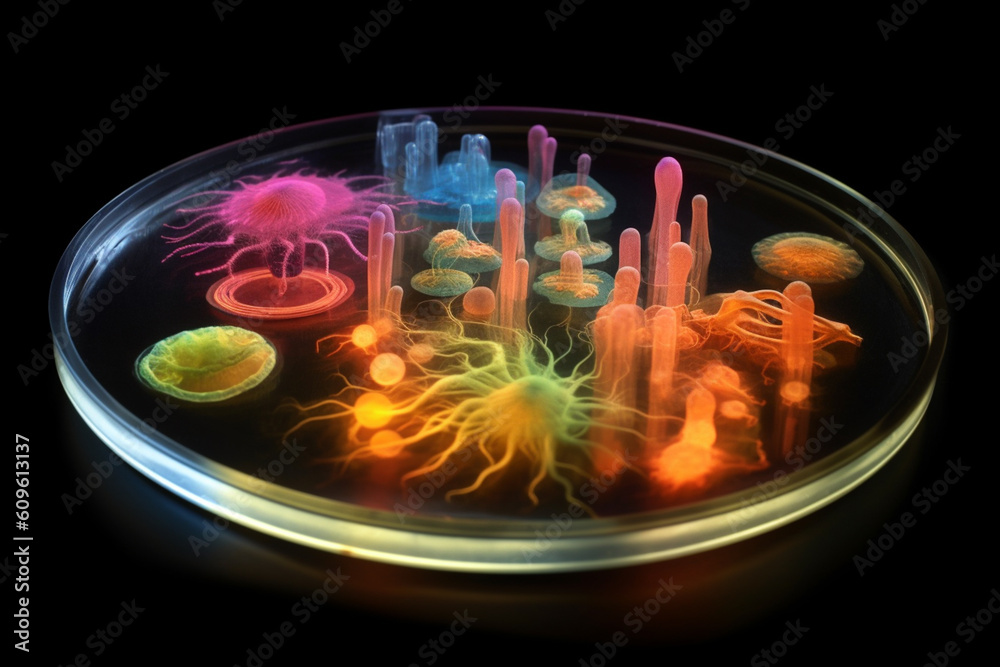 An agar plate featuring bacterial colonies with a fluorescent glow ...