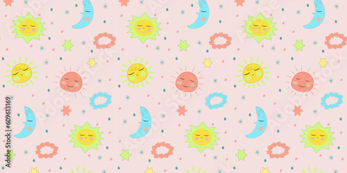Seamless pattern vector background sun, heart, stars, flowers, lips, romance, valentine, childish. eps10 vector	
