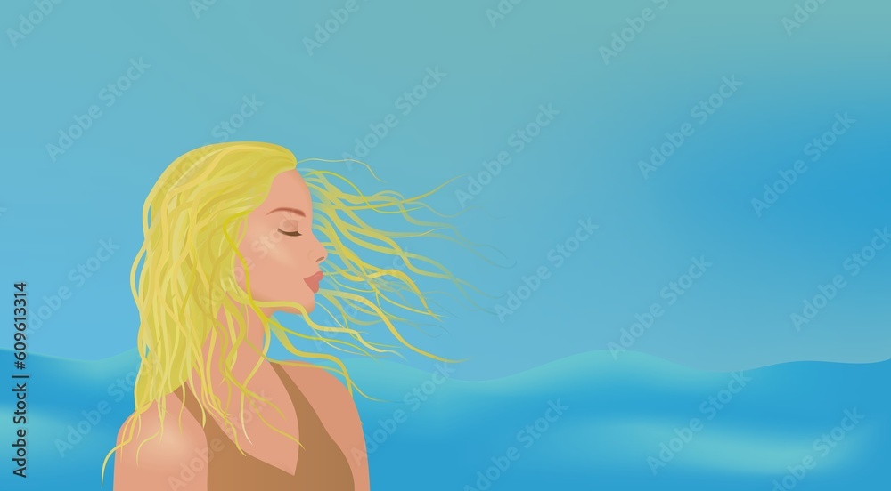 Beautiful blond woman, with hair blowing in the wind. Profile, where she is standing a long coast side, beach, sea. Copy space in the sky. Vector illustration.
