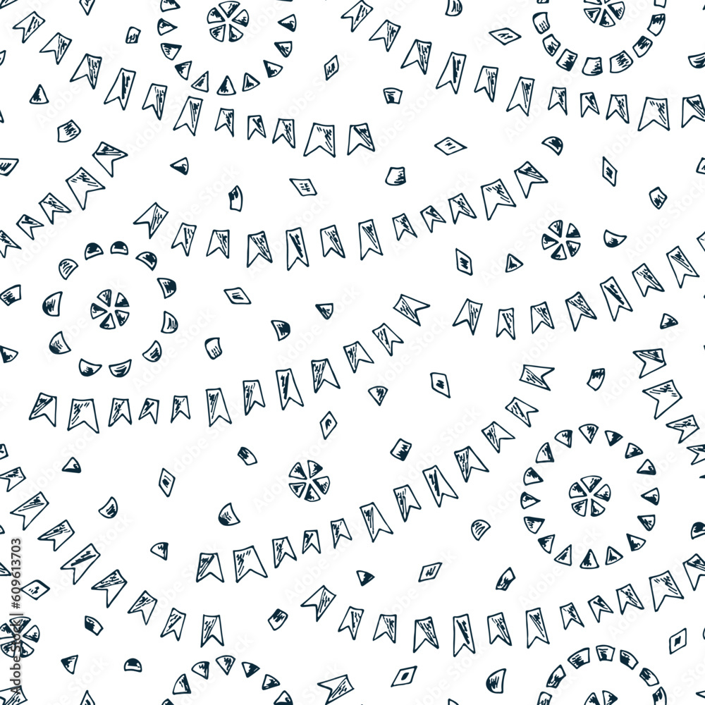 Fototapeta premium Holiday Wallpaper. Festive party background. Hand Drawn doodle Bunting Flags Seamless Pattern - Vector illustration