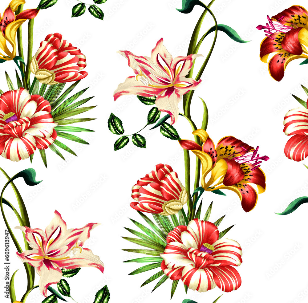 Seamless flowers pattern, colorful floral design.
