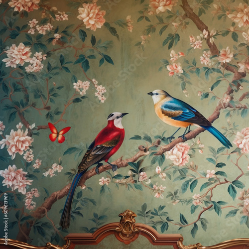 bird and peony chinoiserie seamless pattern © Wipada