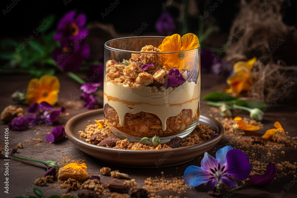 beautiful ice cream with nuts in a glass and decorated with flowers generative ai beautiful ice cream with nuts in a glass and decorated with flowers generative ai