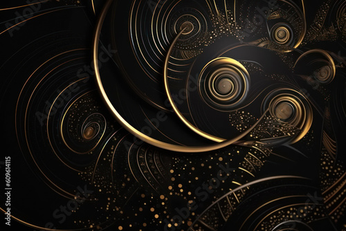spiral golden lines on black abstract background. generative ai