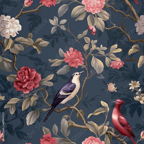 bird and peony chinoiserie seamless pattern