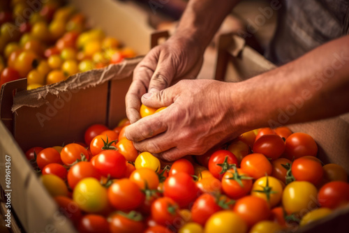 sorting red tomatoes in boxes harvested from the garden generative ai