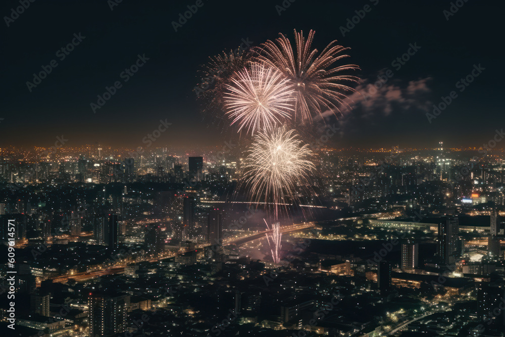 festive evening fireworks over the city generative ai