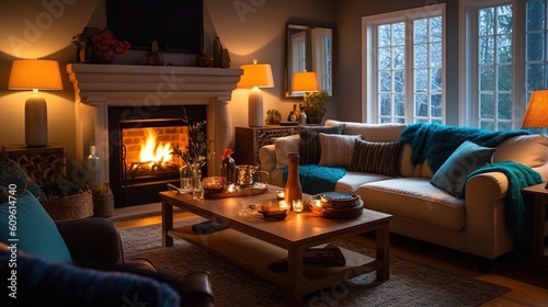 Wallpaper Mural warm and cozy living room, with glowing lanterns and crackling fireplace on a cold winter night,  generative ai Torontodigital.ca