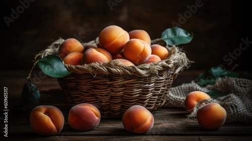 fresh orange apricot fruits in a bamboo basket with blur background