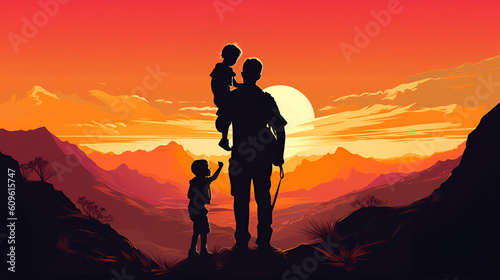 silhouette of a father and his children looking at a sunset fathers day made with generative ai