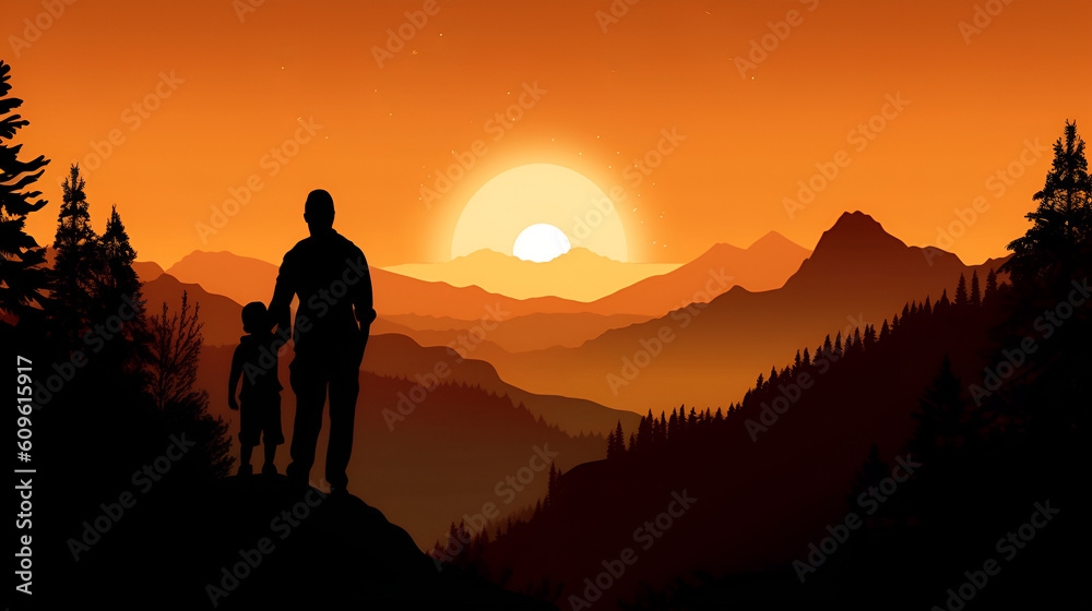 silhouette of a father and child watching the sunset  fathers day made with generative ai