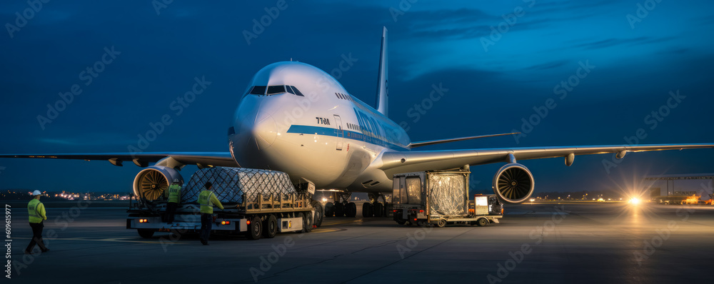 Commercial cargo air freight airplane loaded at airport in the evening, Generative AI - obrazy, fototapety, plakaty 