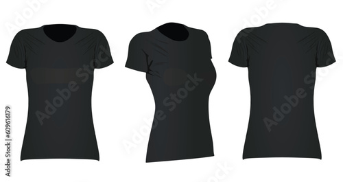 Black women t shirt. front side and back view. vector illustration