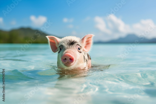 Little cute pig is bathing in clear glassy sea. Generative AI. photo
