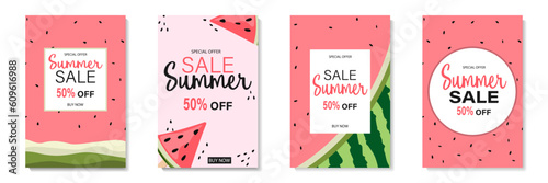 A set of summer sale banners with watermelon. Watermelon background. Vector illustration