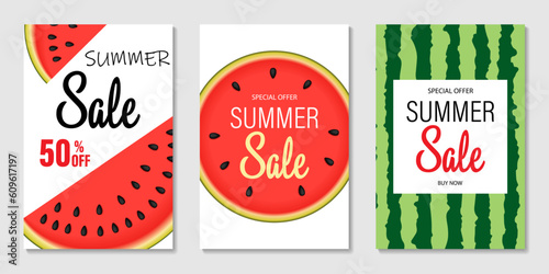 A set of summer sale banners with watermelon. Watermelon background. Vector illustration