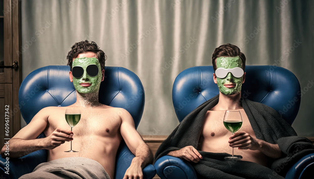 Pair of men enjoying spa face masks and cucumber slices while sitting in cozy chairs. Glasses of champagne add to their luxurious relaxation experience. Generative Ai