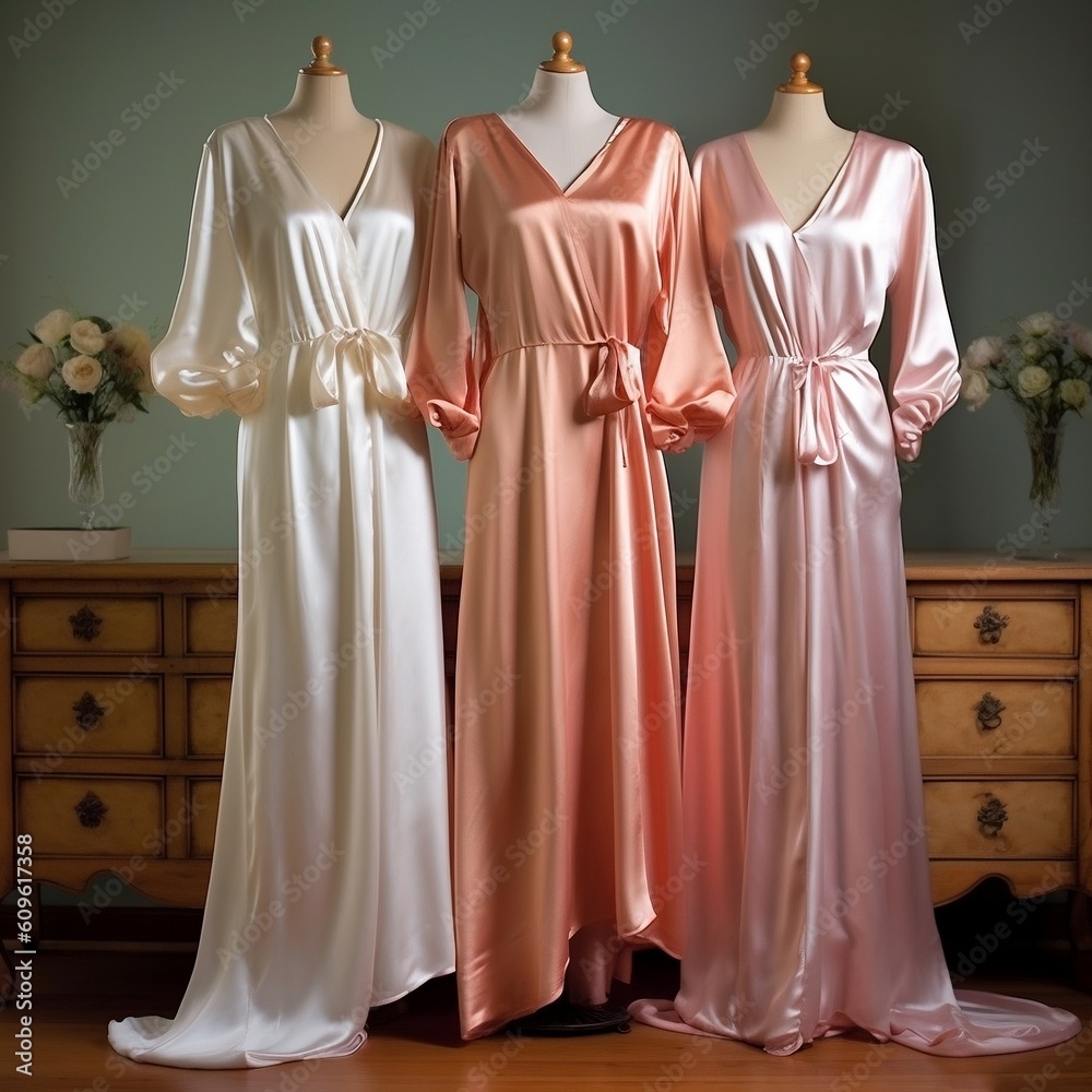 Luxurious women's pink silk pajama dress, front view, mannequin. Satin nightgowns with an elegant cut. Stylish design for the website of the studio, boutique. AI generated. Luxurious women's pink silk pajama dress, front view, mannequin. Satin nightgowns with an elegant cut. Stylish design for the website of the studio, boutique. AI generated.