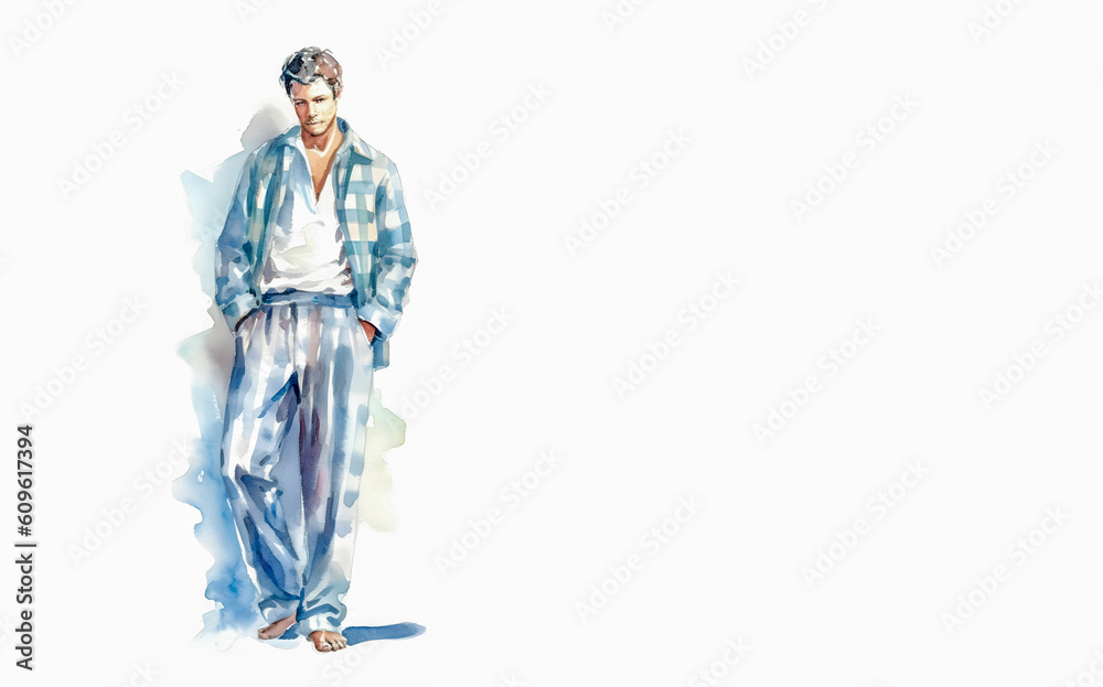A man standing in pajamas barefoot on a white background, hands in his pocket, watercolor illustration. Blue plaid pajama. Place for text. AI generated.