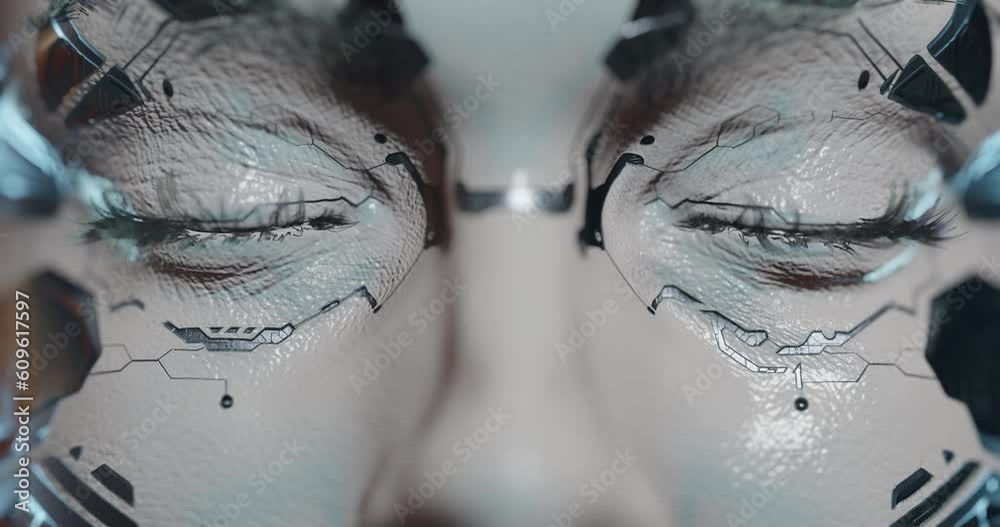 Artificial intelligence dominance, a female robot with metal sking on face awakening, opening digital eyes, cyberpunk concept on transparent background
