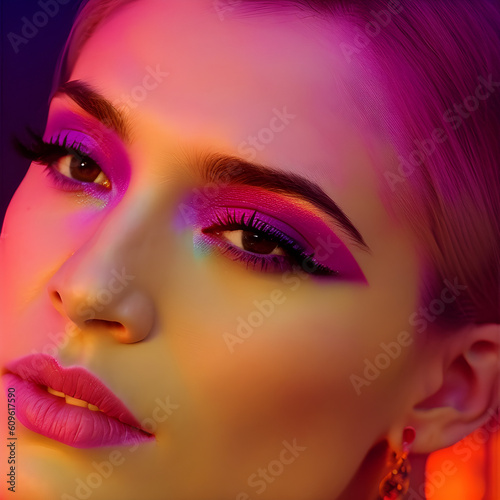 Beautiful model closeup head shot. Serious look.   AI-generated fictional illustration 