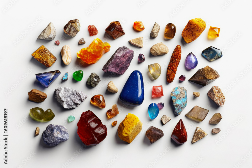 Geological Collection Of Various Crystals And Minerals Gathered On White Soft Background Created Using Artificial Intelligence