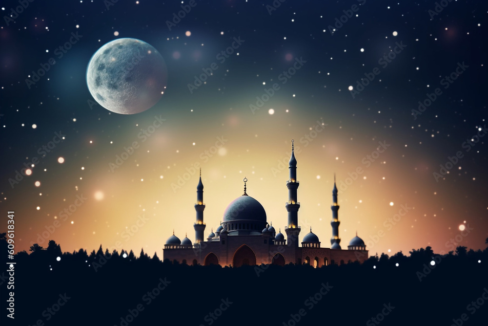 Silhouette of a mosque with a crescent moon and stars in the background, Islamic New Year, bokeh Generative AI Silhouette of a mosque with a crescent moon and stars in the background, Islamic New Year, bokeh Generative AI