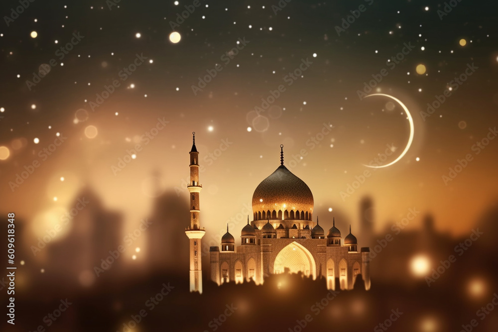 Silhouette of a mosque with a crescent moon and stars in the background, Islamic New Year, bokeh Generative AI
