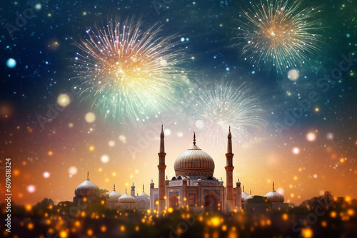 Islamic New Year fireworks display against a starry night sky, Islamic New Year, bokeh Generative AI photo