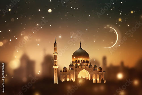 Silhouette of a mosque with a crescent moon and stars in the background, Islamic New Year, bokeh Generative AI
