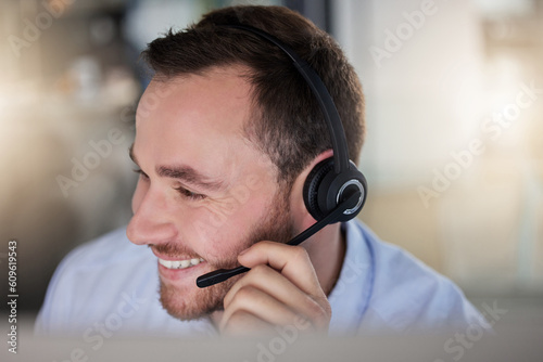 Call center, consulting and business with man in office for communication, customer service or help desk. Telemarketing, sales and advice with male employee for commitment, contact us and hotline