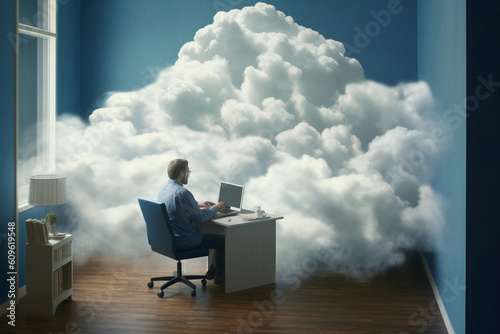 One man sitting in cloud and using computer photo