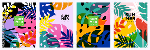 Summer bright illustrations set for poster, card, cover, label, banner in modern minimalist style with overlay effect. Modern and simple summer design templates with tropical leaves and plants