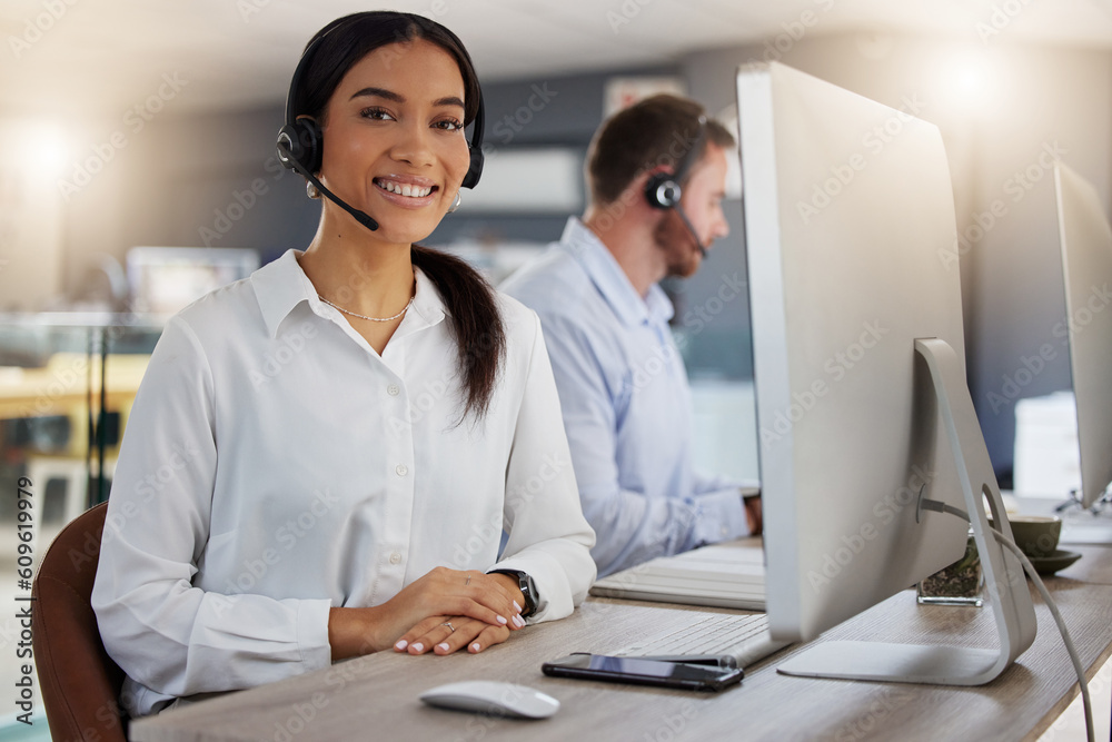 Call center, consulting and portrait with woman in office for communication, customer service or help desk. Telemarketing, sales and advice with female employee for commitment, contact us and hotline Call center, consulting and portrait with woman in office for communication, customer service or help desk. Telemarketing, sales and advice with female employee for commitment, contact us and hotline