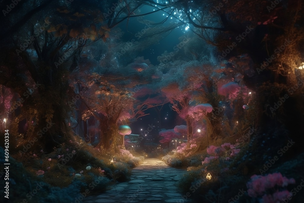 Fairytale beautiful night forest. Generative AI.