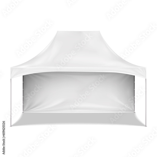 Blank white canopy tent with back wall realistic vector mockup. Camping gazebo mock-up. Outdoor summer event portable instant shelter template