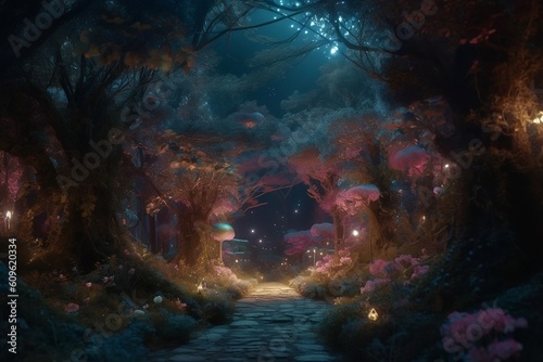 Fairytale beautiful night forest. Generative AI.