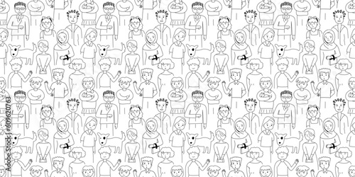 Seamless pattern with crowd of people, outline doodle cartoon style.